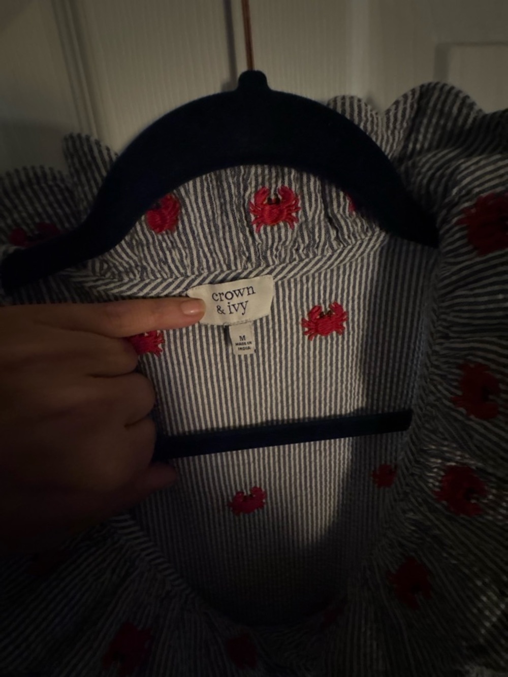 crown & ivy Navy Striped Top with Red Crab Embroidery - Picture 2 of 6